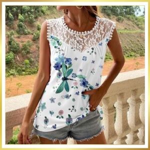 Women’s Size X-Large White & Blue Dragonfly Lace-Accent Tank
